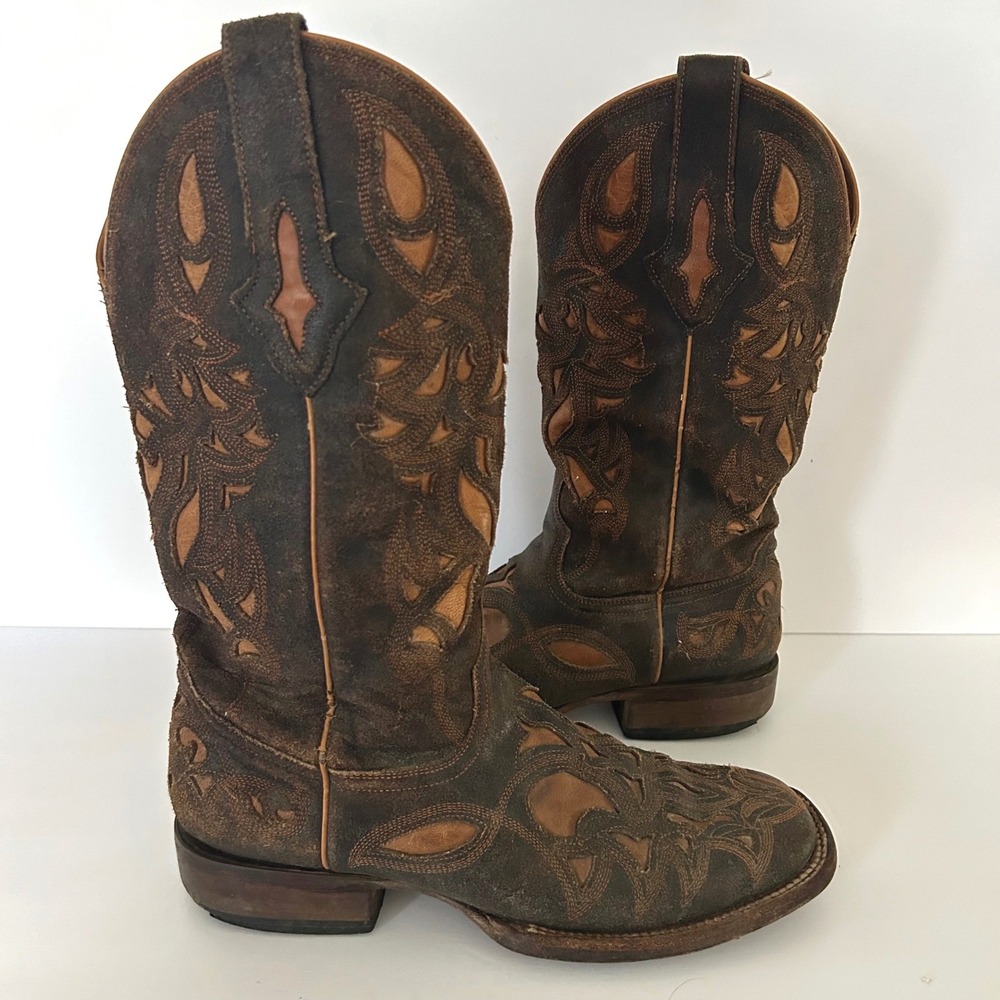 VTG Resistol Cowboy Boots Mens 7.5 D Brown Leather Overlay Inlay Square Toe West